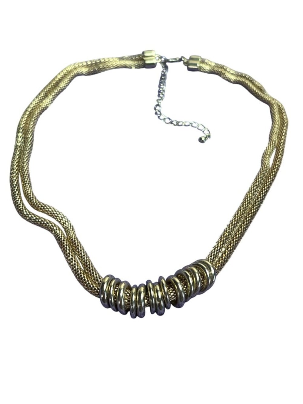 Vintage 90s Goldtone Mesh 2 Strand Necklace Slider Rings 18 - 21 inches Long
